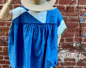 Blusa tipo túnica de punto suelta, estilo vintage, hecha a mano con edredón.