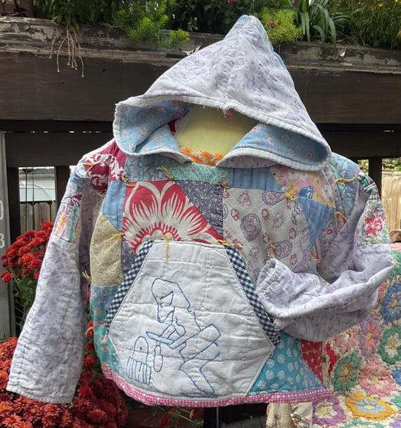 フード付き パッチワーク キルト ジャケット ビンテージ ハンドメイド 