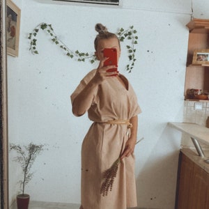 Linen Dress/Tunic With Pockets,Embroidery, Simple Loose Linen Dress,Natural Linen V-Neck Dress,Womans Linen,Boho Linen Dress, Salmon Linen