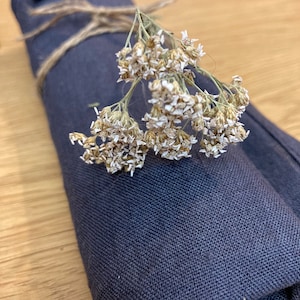 May include: A dark blue fabric napkin tied with twine and decorated with a sprig of dried white flowers.