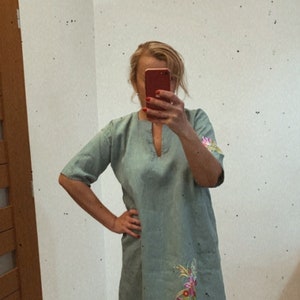 Linen Dress/Tunic With Pockets,Embroidery, Simple Loose Linen Dress,Natural Linen V-Neck Dress,Womans Linen,Boho Linen Dress, Mint Linen
