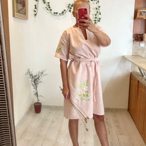 Linen Dress/Tunic With Pockets,Embroidery, Simple Loose Linen Dress,Natural Linen V-Neck Dress,Womans Linen,Boho Linen Dress, Salmon Linen