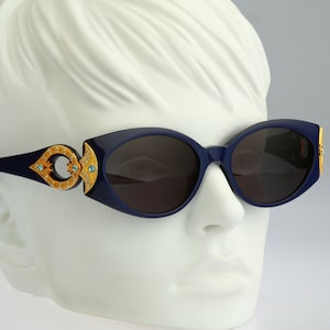 Linea Pitti 505, Vintage 90s unique gold & navy blue rhinestone oval cat eye sunglasses women NOS