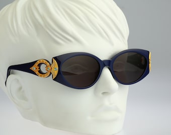 Linea Pitti 505, Vintage 90s unique gold & navy blue rhinestone oval cat eye sunglasses women NOS