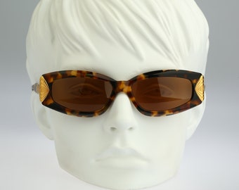 Linea Pitti 495, Vintage 90s unique gold & tortoise slim rectangle cat eye sunglasses women, NOS