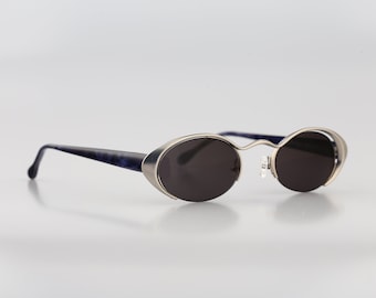 Lagerfeld 4143 03, Vintage 90s silver unique half rim steampunk small oval cat eye sunglasses women, NOS