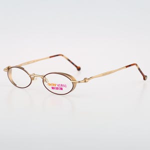 Contro Verse 4090 123 P3, occhiali da vista ovali piccoli vintage anni &#39;90 in oro e bordeaux steampunk con scudi laterali, montatura da uomo e da donna NOS