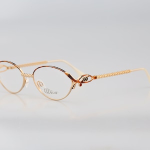 Diva 5053 20, Vintage 90s victorian tortoise & gold oval eyeglasses frames womens NOS