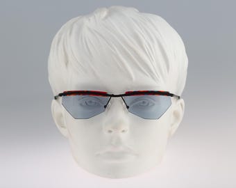 Filou 8905 714, óculos de sol vintage anos 90 com lentes azuis coloridas e sem aro, barra superior hexagonal, feminino, NOS