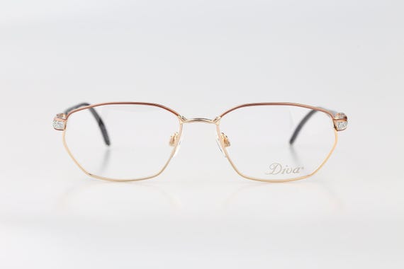 Diva 5165 270 E, Vintage 90s victorian rhinestones gold hexagon glasses frames womens NOS View 2