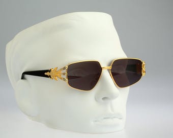 Galitzine G07 1, gafas de sol rectangulares vintage de los años 90 con diamantes de imitación dorados para hombre y mujer, NOS