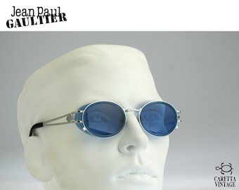 Jean Paul Gaultier 58-6202, Vintage 90s silver oval tinted blue steampunk side shields  sunglasses men & women NOS