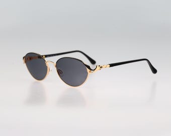Diva 5032 1, Vintage 90s black and gold victorian large oval cat eye sunglasses women, NOS