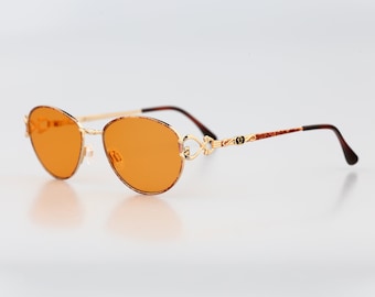 Diva 5015 4, Vintage 90s orange lenses unique gold & tortoise victorian round sunglasses women, NOS
