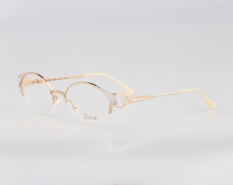 Diva 5083 19, Vintage 90s victorian rhinestones half rim gold and pearl white oval glasses frames womens NOS