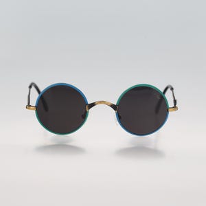 Sun Boy SB 56, Vintage 90s antique gold and blue rare steampunk small circle sunglasses mens & women, NOS