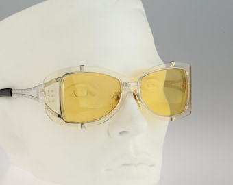 Jean Paul Gaultier 56-6204, Vintage jaren 90 getinte gele lenzen unieke duidelijke zijschilden steampunk zonnebril mannen & vrouwen NOS