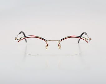 Mondi 2387 643, Vintage 90s unique gold and colorful browline half rim oval eyeglasses frames womens / NOS