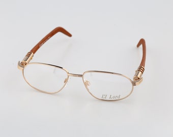 LT Lord 7013 6, Vintage 90s gold and genuine wood temples oval glasses frames mens & womens NOS