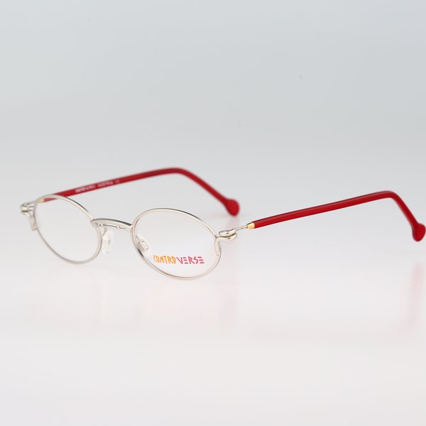 Contro Verse 3480 163 38, Vintage 90s silver and red steampunk small oval eyeglasses frames mens & womens NOS