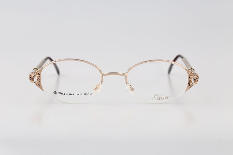 Diva 5143 AS 74 D E, Vintage 90s half rim gold rhinestones oval eyeglasses frames womens NOS image 2