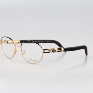 Diva 5099 2E, Vintage 90s black browline, gold and genuine wood temples small oval glasses frames mens & womens NOS