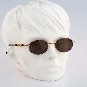 Police 2231 120, Vintage 90s gold and tortoise steampunk small oval sunglasses men and women NOS