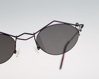 Eye Think 434 13, Vintage 90s purple unique half rim steampunk small oval sunglasses women, NOS