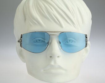 Silhouette M 6152 V 6056, Vintage 80s tinted blue lenses unique silver oversized aviator sunglasses women, NOS