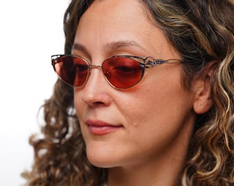 Diva 5062 70, Vintage 90er getönte rosa Gläser einzigartig blau & gold einzigartige viktorianische Katzenaugen-Sonnenbrille Damen, NOS