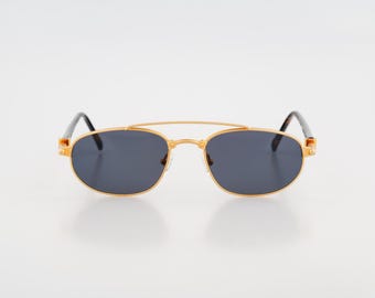 Jacomo 220 02, Vintage 90s matte gold and blue small rectangle aviator sunglasses men and woman NOS