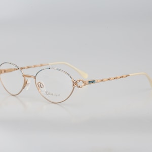 Diva Light 9011 22, Vintage 90s victorian blue browline & gold small oval eyeglasses frames womens NOS