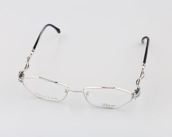Diva 5172 395, Vintage 90s unique silver rhinestones hexagon cat eye glasses frames womens NOS