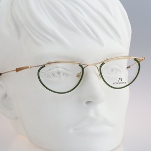 Rodenstock R 4155, Vintage 90s unique gold & green steampunk small cat eye glasses frames womens NOS