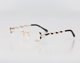 Diva Petite 5382 97A, Vintage 90s unique rimless butterfly eyeglasses frames womens NOS