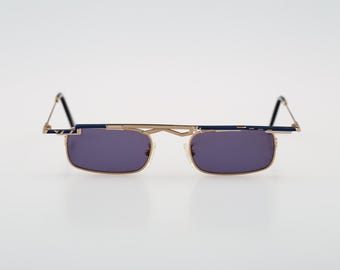 Chai Original GC 1 F4, Vintage 90s niebieskie i złote szalone okulary przeciwsłoneczne steampunk prostokątne męskie i damskie, NOS