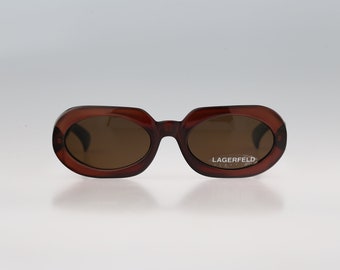 Lagerfeld 4129 23, Vintage 90-tals bruna stora rektangulära ovala solglasögon dam, NOS