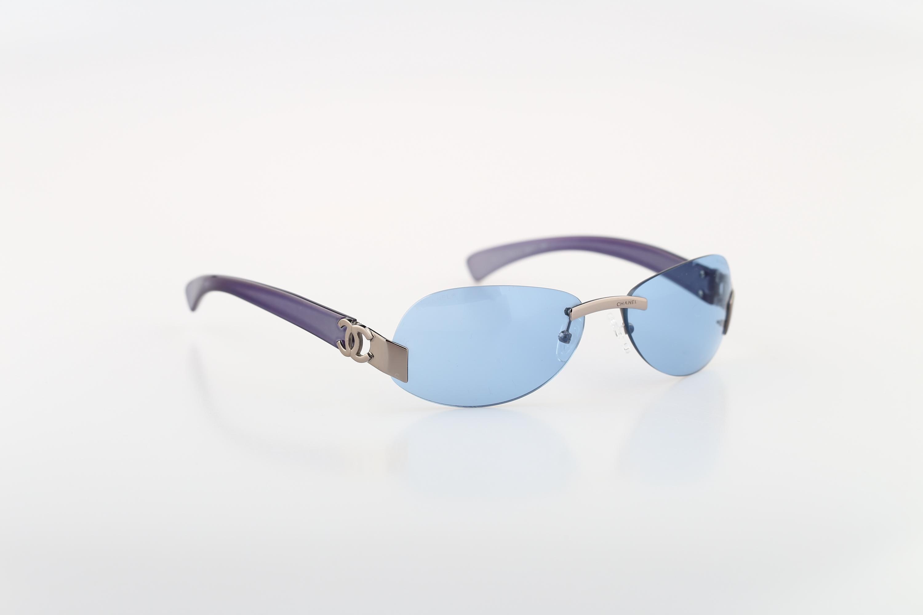 Chanel 4037 168 72, Vintage 90s Tinted Blue Lenses Silver Wrap