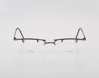 Time Out 2 03, Vintage 90s unique antique blue browline half rim slim oval glasses frames womens / NOS