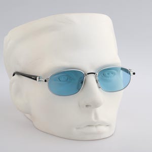 Jacomo 219 04, Vintage 90s tinted blue lenses silver and black small oval sunglasses man and women, NOS