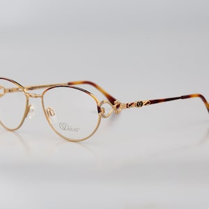 Diva 5015 1, Vintage 90s victorian gold & tortoise browline round glasses frames womens NOS