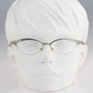 It&#39;s Titanium 811, Vintage 90s green laser cut ultra lightweight nylor small cat eye glasses frames women / NOS