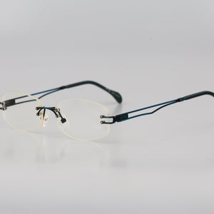 Flair Top Ten 544, Vintage 90s blue rimless rectangle eyeglasses frames mens & womens NOS