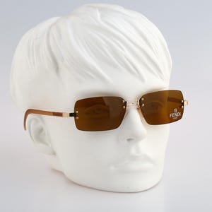 Fendi SL 7301 300X, Vintage 2000s gold rimless rectangle sunglasses mens & women NOS