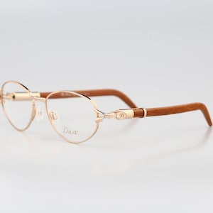 Diva 5098 6, Vintage 90s gold and genuine wood temples small oval glasses frames mens & womens NOS