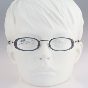 May include: A pair of dark gray oval-shaped glasses with a thin metal frame. The glasses have a clear lens and the words "Safilo Stainless Steel" are printed on the right lens.