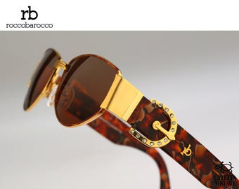 Gafas de sol estilo ojo de gato Roccobarocco 5791, hechas a mano, estilo vintage de los años 90, con pedrería dorada y carey para mujer, NOS