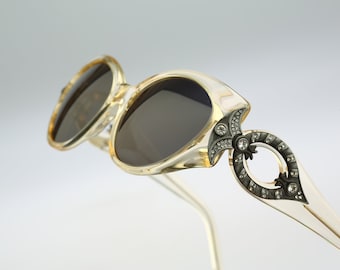 Linea Pitti 505, Vintage 90s unique clear rhinestone oval cat eye sunglasses women NOS