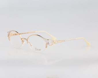 Diva 5083 19, Vintage 90s victorian rhinestones half rim gold and pearl white oval glasses frames womens NOS