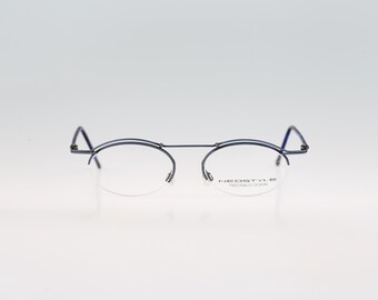 Neostyle Forum 577 295, Vintage 90s blue steampunk half rim small oval eyeglasses frames women, NOS